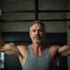 A fit and energetic man in his 50s doing a pull-up with a determined expression on his face.