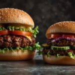 A split image showcasing a plant-based burger and a traditional beef burger side-by-side, highlighting their visual similarities and differences.