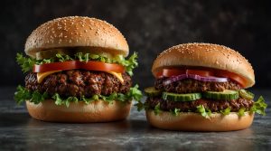 A split image showcasing a plant-based burger and a traditional beef burger side-by-side, highlighting their visual similarities and differences.