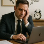 A weary businessman in a suit sits at a desk, resting his face on his hand while staring at a laptop. A thought bubble above his head shows a scribbled mess, symbolizing mental fatigue. Behind him are icons including a downward-trending graph and an old-fashioned alarm clock, representing stress, burnout, and poor sleep.