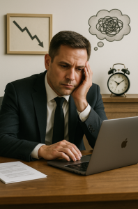 A weary businessman in a suit sits at a desk, resting his face on his hand while staring at a laptop. A thought bubble above his head shows a scribbled mess, symbolizing mental fatigue. Behind him are icons including a downward-trending graph and an old-fashioned alarm clock, representing stress, burnout, and poor sleep.